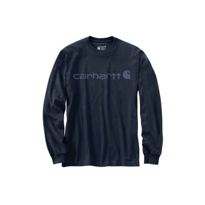 Carhartt Dearborn langærmet trøje i navy med afslappet pasform og stort logo trykt på brystet.