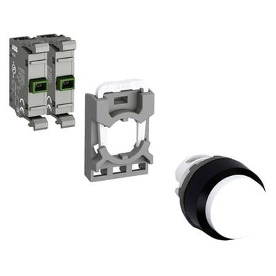 ABB MP1-40W-20 trykknapkomponenter, inklusive modul og monteringsramme, hvid trykknap med sort kant isoleret.