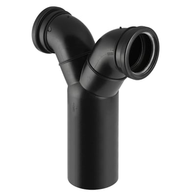 Geberit Dobbelt Klosetbøjning i sort PEH, 90° lodret, med diametre 110 mm og 90 mm, ideel til væghængt toilet.