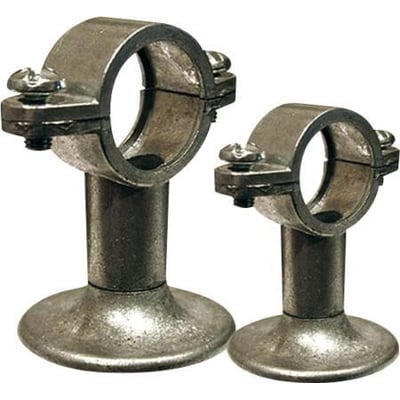 Zink rørbærer i ½'' x 30 mm størrelse med vægflange, viser to forskellige størrelser af klemmer på en hvid baggrund.