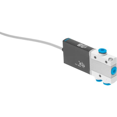 Festo magnetventil MHE2-MS1H-3/2G-QS-4-K med grå kabel, 3/2 lukket monostabil funktion og detaljeret tryksymboler.