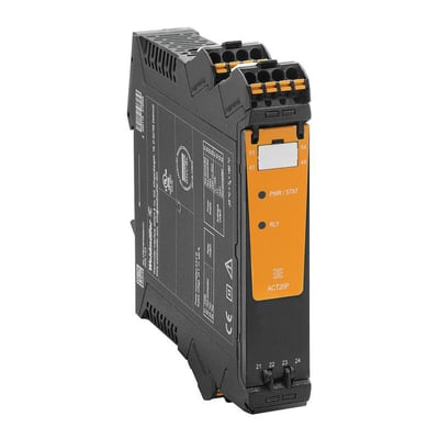 Weidmüller signalomformer og isolator ACT20P til modstandsmålebro med sort hus, orange front og tilslutningsklemmer.