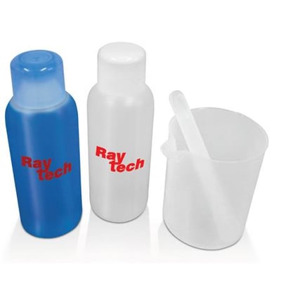 Raytech Magic gel tod-komponent sæt med to flasker, en blå og en hvid, samt en blandebeholder med ske.