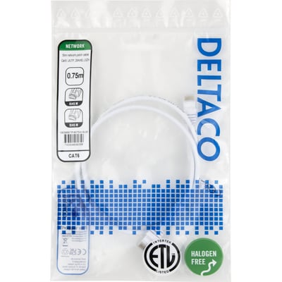 Hvidt U/UTP Cat6 AWG28 patchkabel på 0,75 meter ses oprullet i sin emballage med RJ45-stik.