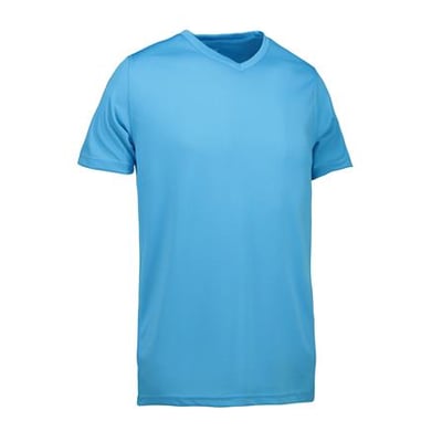 ID Identity T-shirt Yes i cyan til børn med V-hals, lavet i svedtransporterende og hurtigttørrende materiale.