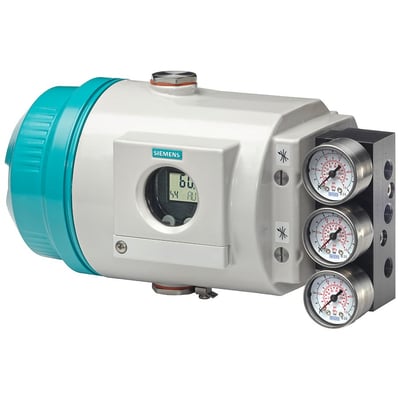 Siemens SIPART PS2 smart elektropneumatisk positioner i hvidt og blåt aluminiumshus med tre trykmålere monteret på siden.
