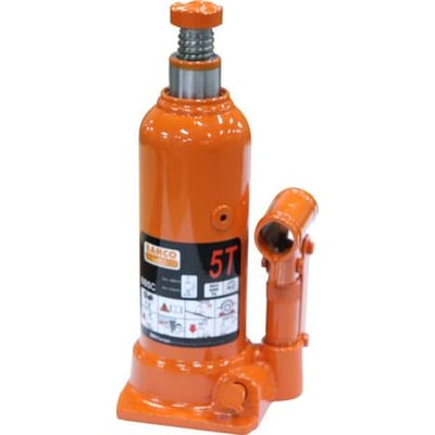 Bahco hydraulisk flaskedonkraft i skarp orange farve, viser 5T mærkning og 3-delt håndtag på hvid baggrund.