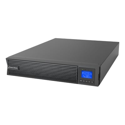 PowerWalker VFI 3000 ICR IoT UPS med 3000VA/3000W kapacitet. Enheden er sort og har et digitalt display, der viser batteristatus og output.
