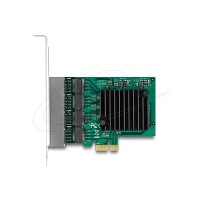 DeLock PCI Express x1-netværkskort med Gigabit LAN, fire RJ45-porte og RTL8111, vist med køleprofil.