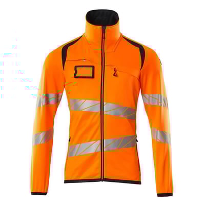 Detaljeret frontbillede af Mascot HI-VIS fleece jakke i str. 4XL, viser lynlåslukning, brystlomme med lynlås og ID-kortholder.