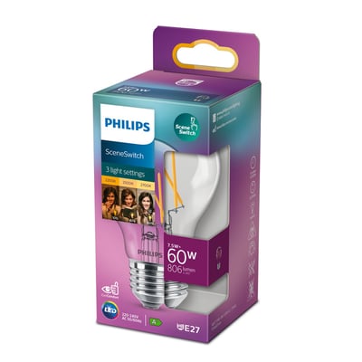 Emballage til Philips SceneSwitch E27 LED pære, med information om 3 lysindstillinger, 7,5W og 806 lumen.
