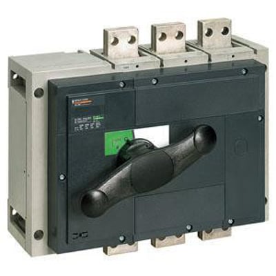 Schneider Electric Interpact INS1600, 3-polet lastafbryder med 1600 A nominel strøm og drejehåndtag på mørkegrå front.