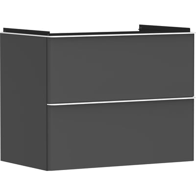 Hansgrohe Xelu Q vaskeskab i mat diamantgrå, set fra siden, med to skuffer og diskrete greb, væghængt monteret.