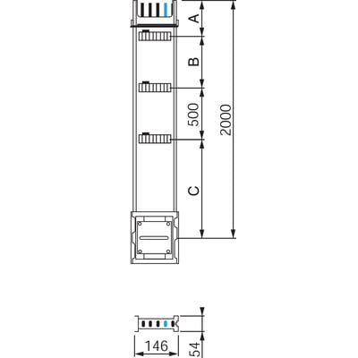 Schneider Electric stigeledningsskinne KSA400EV4203, 400A, med dimensioner angivet i mm og angivelse af 5 poler og 3 grenpunkter.