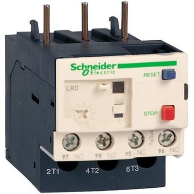 Nærbillede af Schneider Electric TeSys LRD termorelæ, viser frontpanel med reset-knap og markeringer.