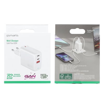 4smarts GaN Flex 65W hvid oplader vist med dens emballage, der viser opladerens porte og ladeeffekt.