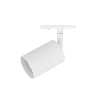 Stilren hvid Halo Design Tube Spot LED med GU10 fatning, monteret på skinneadapter, klar til installation.