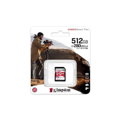 Kingston Canvas React Plus 512GB SDXC UHS-II hukommelseskort i emballage med billeder af en fotograf i aktion og tekniske specifikationer.