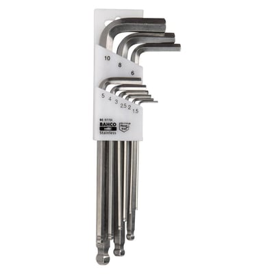 Bahco unbrakonøglesæt BE-9770I i rustfrit stål med 1,5-10 mm størrelser, monteret i hvid plastholder med dimensionsangivelse.