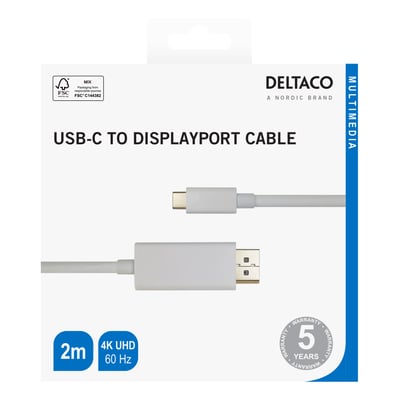 Deltaco USB-C til DisplayPort-kabel i hvid på 2 meter, vist på emballagen med begge stik og 4K UHD.