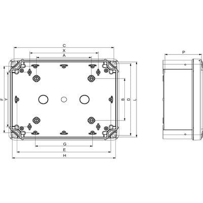 Thalassa TBP PC industriel kasse fra Schneider Electric med gråt låg, viser tekniske mål og dimensioner for en robust polycarbonat boks.