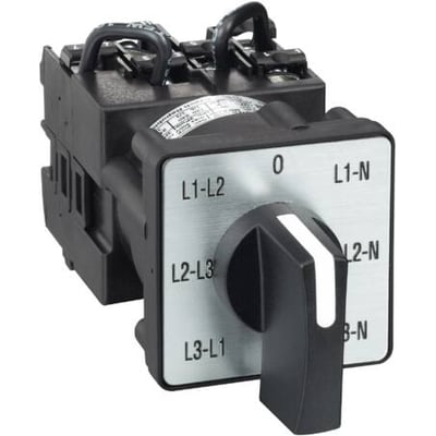 Schneider Electric LP Cam switch voltmeter omskifter med 7 stillinger og sort håndtag monteret på et panel.