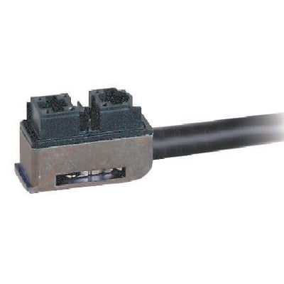 Schneider Electric endestopstilslutning ZCMC21L2 med sort kabel, vist skråt forfra og med stikåbningerne synlige.