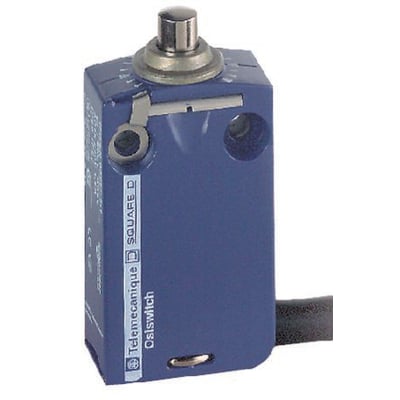 Schneider Electric XCMD2110L1 miniature-endestop i metal med NO+NC-kontakter og kabel, set skråt forfra.