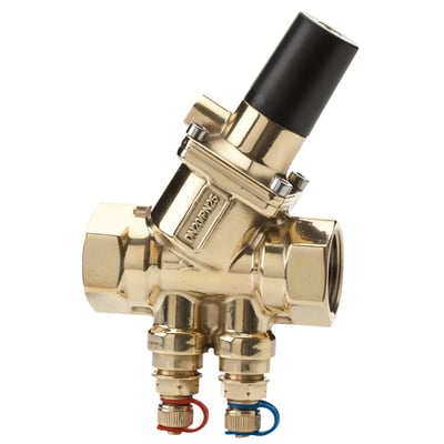 Frese Pv Compact DN15 dynamisk differenstrykregulator i messing med sort top og tilslutninger til kapillarrør.