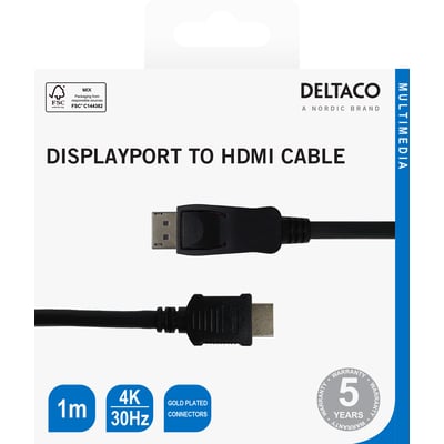 Emballage til Deltaco DisplayPort til HDMI-kabel, 1 meter og sort, med stik og kabel vist på forsiden.