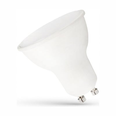 SpectrumLED GU10 LED-spot på 6 W med matteret hvid overflade og to synlige ben, set skråt forfra.