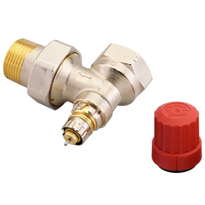 Danfoss RA-N radiatorventil i messing og stål, 1" vinkelløbende, med rød dækhætte ved siden af. Ventilens indre mekanismer er synlige.