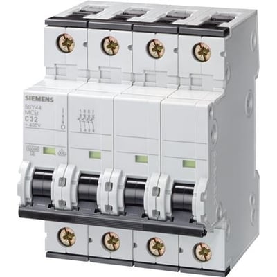 Siemens SENTRON 5SY 4-polet automatsikring med D-karakteristik og 25 A, set skråt forfra med fire sorte greb.