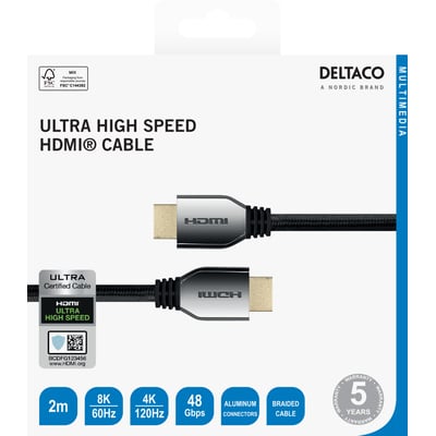 Emballagen til Deltaco Ultra High Speed HDMI-kabel i sort, 2 meter, viser kabel, stik og specifikationer.