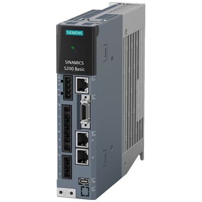 Siemens SINAMICS S200 Basic frekvensomformer med PROFI-interface, viser tilslutningsporte på siden og køleribber på højre side.