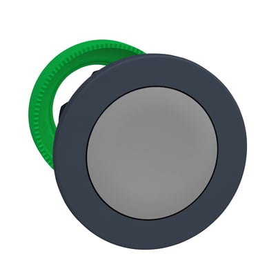 Schneider Electric Harmony XB5/ZB5 flush trykknaphoved i grå med grøn ring, velegnet til tavler.