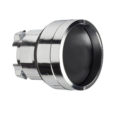 Set fra siden, Schneider Electric sort trykknap med blank metalring og forsænket knap, klar til montering.