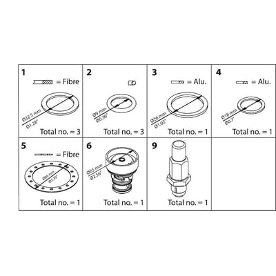 Oversigtsdiagram af Danfoss ICS 32 vedligeholdelsessæt med markeringer for fiber- og aluminiumsdele samt dimensioner og antal.