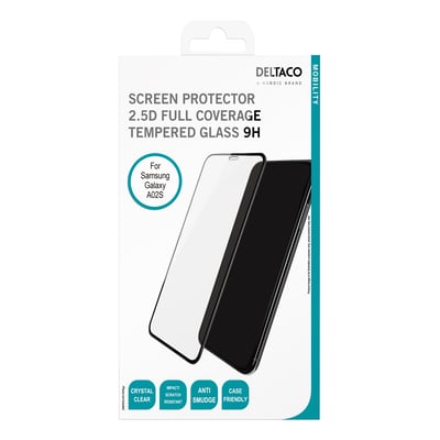 Deltaco emballage til skærmbeskytter til Samsung Galaxy A02s, med logo og produktinformation trykt.