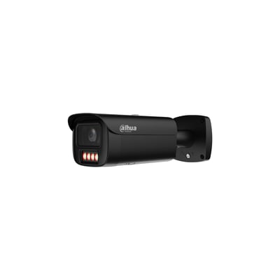 Sort Dahua 4 MP bulletkamera med motoriseret objektiv og lysdioder under linsen, set skråt forfra.