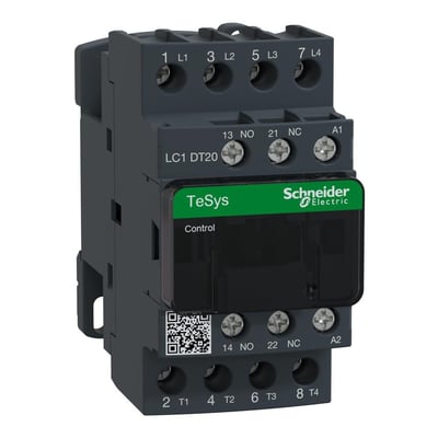 Schneider Electric TeSys D 4-polet kontaktor (LC1 DT20) med 48V AC spole og 1NO+1NC hjælpekontakter, vist på hvid baggrund.