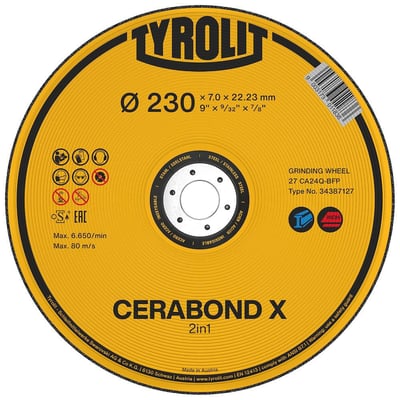 Tyrolit Prem skrubskive i gul med tydelig angivelse af dimensioner 230x7x22,23mm og CERABOND X 2-i-1 teknologi for optimal slibning.