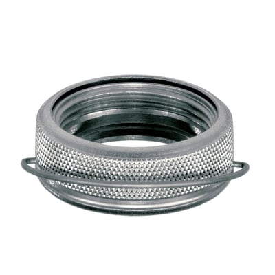 IMI TA låsering til termostat, fremstillet af metal med indvendige gevind og en tekstureret yderside for bedre greb.