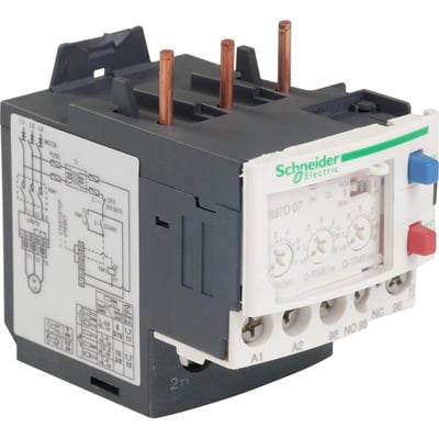 Schneider Electric TeSys elektronisk termorelæ, 1,2-7A 220VAC, med detaljeret koblingsskema og indstillingsknapper.