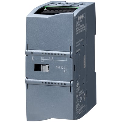 Siemens S7-1200 analog input SM 1231 TC med 8 AI termoelementer i grå plast, set fra siden med tydelig mærkning.