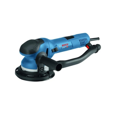 Bosch GET 75 excentersliber med blå og sort krop, støttegreb og rund slibesål på 150 mm.