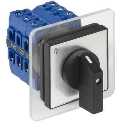 Kraus & Naimer stjerne-trekant omskifter, 32A, med frontmonteret 64x64mm plade og sort drejehåndtag.