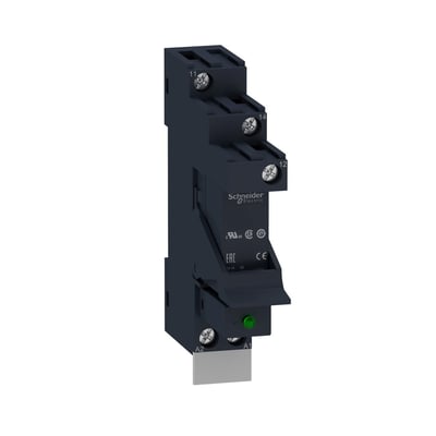 Schneider Electric Zelio RSB stikbensrelæ i mørkeblå plast med 1 C/O kontakt og 12VDC forsyning, viser 16mm bredde og grøn status-LED.