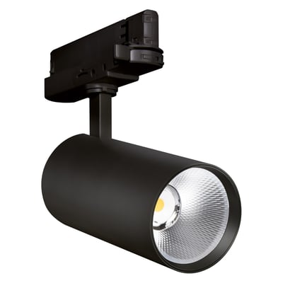 Sort Ledvance Tracklight Spot XR skinnespot med cylindrisk lampehoved, synlig reflektor og 3-faset skinneadapter.