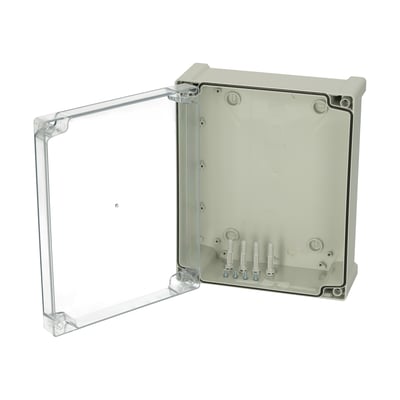 Åben Fibox Tempo kasse TPC 292411T, med transparent låg og RAL7035 kassebund med PUR pakning.